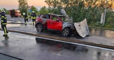 FOTO: Z vozilom se je odpeljal preko krožnega križišča, pristal na cestnem otoku, vozilo je zagorelo